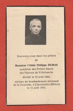AVIS DE DECES - MR L'ABBE PHILIPPE DUMAS AUMONIER DE VILLEFRANCHE DCD 12/08/44