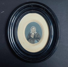 Portrait femme papier salé rehaussé aquarelle 1860 Crepin Paris Cadre Ovale noir