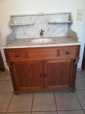 Meuble salle de bain vintage en bois et marbre (vasque basculante) BM & Cie