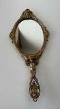 Ancien miroir face à main en bronze Laiton Doré Ange Déco Beauté