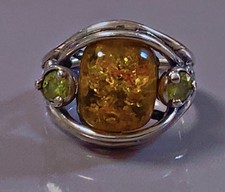 Ancienne bague argent péridot ambre ring silver amber T53
