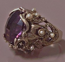 25G  bague argent Amethyste perle marcassite ring silver bague argent bélier T
