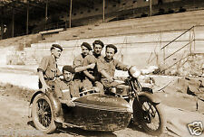 Tirage repro photo ancienne - Portrait groupe militaires (?) moto side-car