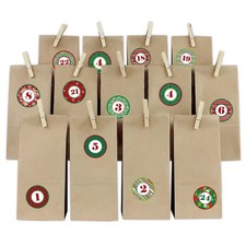 Calendrier De L'Avent Set Motif Rouge-Vert Rond Avec Sacs en Papier Pinces Bois