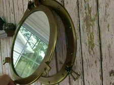 Ancien grand miroir hublot cabine nautique finition laiton 24" décoration mur...