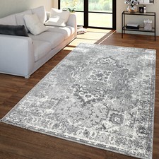 Tapis Vintage Pour Salon, Poils Ras Avec Design Oriental, Chiné Gris