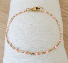 Bracelet perles résine Rose acier inoxydable or artinal fait main femme 18cm