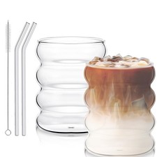 Lot de 2 verres à café cannelés de 300 ml avec pailles en verre nervurées pou...