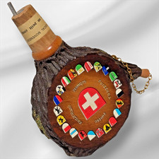 Vintage Hand Painted Wooden Swiss MUSICAL MOVEMENT Music Box Rustic Log Flask