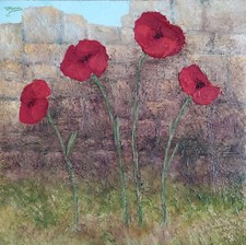Tableau huile sur toile - Coquelicots devant un mur