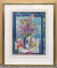 Aquarelle Tony AGOSTINI (1916-1990) Bouquet De Fleurs Fraises Raisins Pêches XX