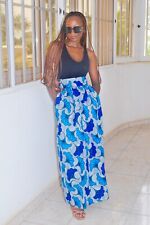 Jupe Longue en Wax Taille Haute Bleue Fleurs de Mariage Bleue