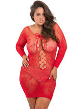 Nuisette grande taille rouge fine résille manches longues - REN7067X-RED