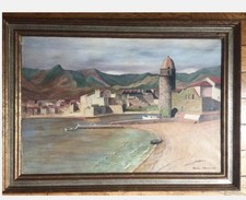 Vue De Collioure. Bord De Mer. Port. Tableau ancien Milieu XXème. André Chatenet