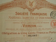 18.VIERZON.Société Française de Matériel Agricole et Industriel. Obligation. TBE