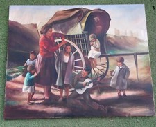 ANCIENNE PEINTURE HST LA ROULOTTE GITANS BOHEMIENS  CAMPEMENT   FRENCH ANTIQUE