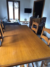 Table avec 2 rallonges + 6 chaises bois rustique et assise paille 