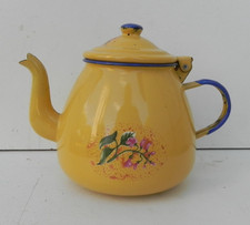 POT à CAFE ou autre EMAILLES JAUNE et BLEU avec un décor FLORAL