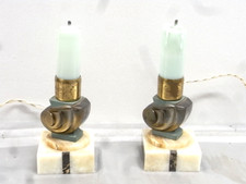 ?? ANCIENNE PAIRE LAMPE DE CHEVET ESCARGOT ART DECO BOUGIE OPALINE VERTE LAMP