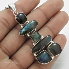 Baguette Naturel Labradorite 925 Argent Sterling Artisant Noël Cadeau Pendentif