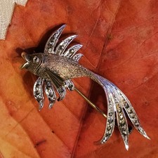 Broche Art Déco Poisson Argent 925 Vermeil Marcassites 50x26mm 5,3g