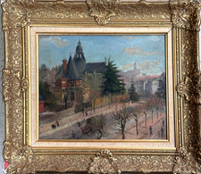 Tableau  paysage  ville Normande animée Post impressionnistes signé 1945