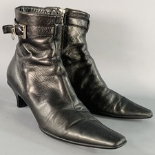 PRADA Taille 7 Cuir Noir Talon Bobine Côté Fermeture Éclair Ceinture Bottines