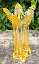 Vintage vase en verre transparent incrustation jaune forme corolle