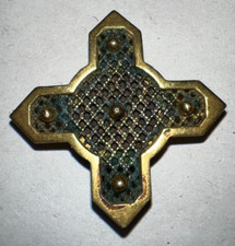 Ancien pendentif croix reliquaire, métal doré