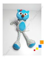 Peluche/Doudou Chat Bleu Marron Vert Mauve/Violet Fleurs 28cm Marque Carré Blanc