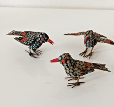 lot 3 figurine oiseau incrusté antique vintage laiton turquoise corail Népal