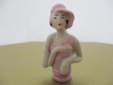 Lady Pink Hat Germany Porcelain Half Doll Pin Cushion Doll Good 2-3/4" Tall