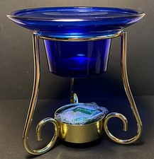 BRÛLE PARFUM VERRE BLEU MÉTAL DORÉ BOUGIE GRAVÉ "LE MONDE EN PARFUM" NEUF