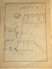 Ecole FRANCAISE XX DESSIN FEMME SOUBRETTE SCENE INTERIEUR BELLE EPOQUE 1900-1920