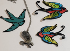 VTG Lot D'Oiseaux Faucon Hirondelle Moineau Patches Collier Pendentif Artisanat
