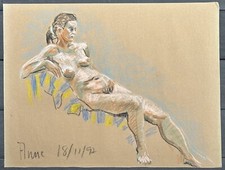 Grand Dessin Original Pastel Nu Féminin Femme Allongée Drapé Rayures #31