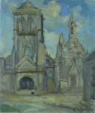 Ancien tableau  Breton paysage animée place Locronan Bretagne signé François 