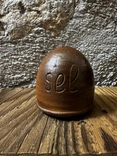 Antique salière en grès artisanal – inscription “sel” – poterie rustique – rare