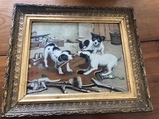 Tableau huile sur isorel chiens chiots jouant avec une palette de peinture 