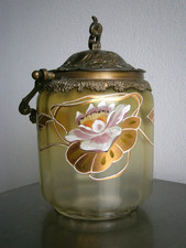 Seau à biscuits Pot c-1900 Verre émaillé Métal doré décor Floral Art Table