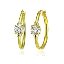 Solitaire Zircone 25mm Boucles D'Oreilles Créoles En Argent Sterling Plaqué Or