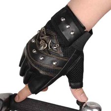 Gants Mitaines Pirate Capitaine Cuir Homme Femme Crânes Rivet Moto Demi Doigt