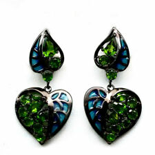 Boucles d'oreilles argent plaqué or noir avec diopsides et émail bleu