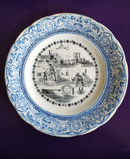 Assiette rébus, ancienne assiette parlante, porcelaine opaque de Gien
