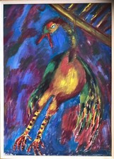 ART BRUT.L’oiseau,vers 1980.Huile sur papier fort.50x70.Cadre