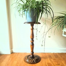 Vintage French Wooden Pedestal Plant Stand – Grape Motif, Solid Wood & Stone Bas