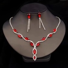 Parure mariage collier boucles d'oreilles  zirconiums rouge plaqué argent