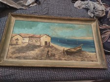 grand tableau ancien huile sur toile FR LENDAL marine avec personnage