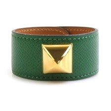 Authentique bracelet HERMES Medor vert/cuir doré/métal - e60427a