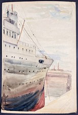 Marine Navigation SS PARIS Navire Le Havre Dessin Aquarelle Nivard 1928